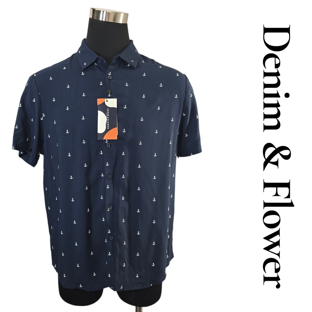 Denim & Flower Anchor Print Short Sleeve Button Up‎ Shirt Men XL Navy Blue